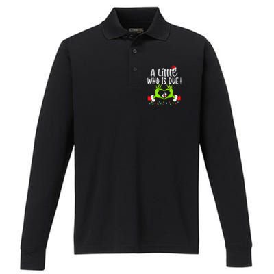 A Little Who Is Due Funny Christmas Pregnancy Announcement Performance Long Sleeve Polo