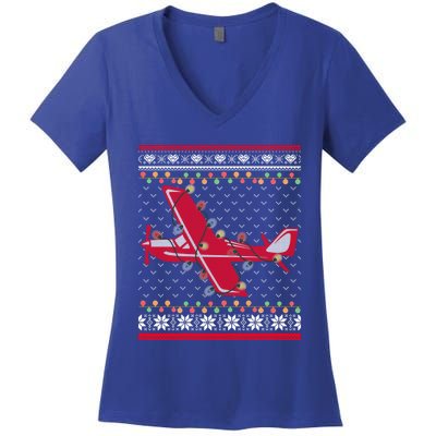 Airplane Lover Xmas Lighting Ugly Airplane Christmas Gift Women's V-Neck T-Shirt