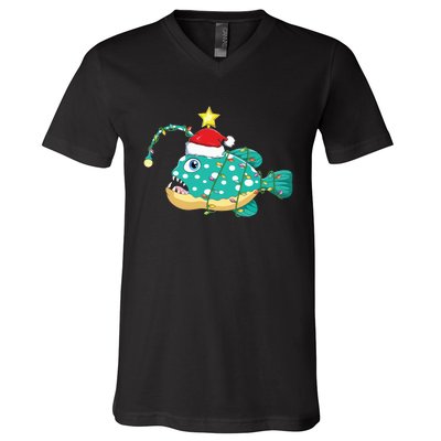 Anglerfish Lighting Xmas Tree Matching Anglerfish Christmas V-Neck T-Shirt