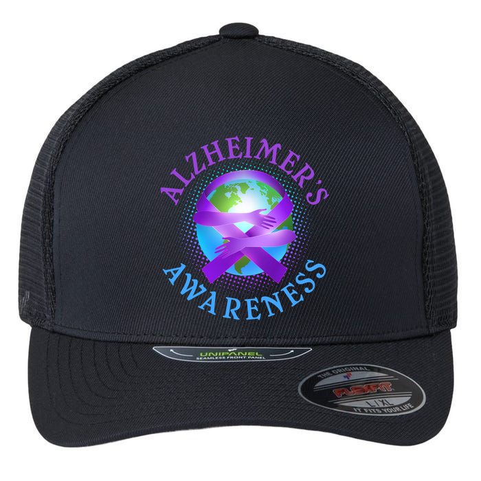 Alzheimer's Awareness Support Ribbon Hugging The World Flexfit Unipanel Trucker Cap