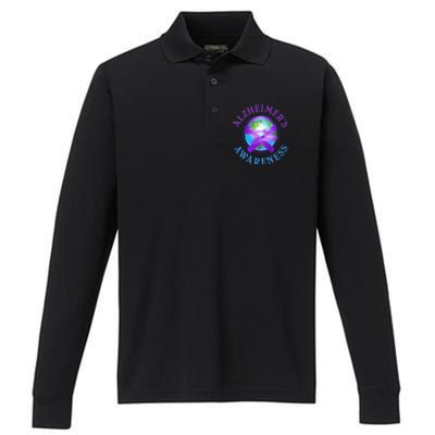 Alzheimer's Awareness Support Ribbon Hugging The World Performance Long Sleeve Polo