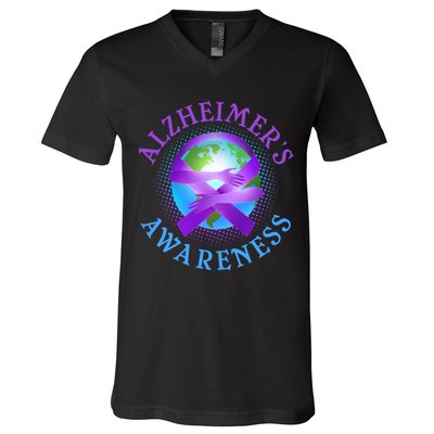 Alzheimer's Awareness Support Ribbon Hugging The World V-Neck T-Shirt