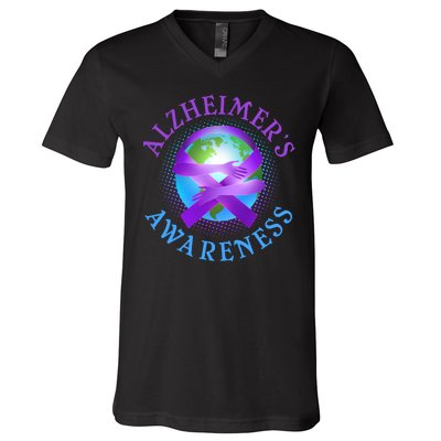 Alzheimer's Awareness Support Ribbon Hugging The World V-Neck T-Shirt