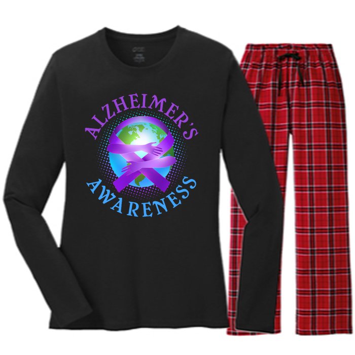 Alzheimer's Awareness Support Ribbon Hugging The World Women's Long Sleeve Flannel Pajama Set 