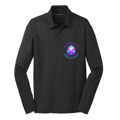 Alzheimer's Awareness Support Ribbon Hugging The World Silk Touch Performance Long Sleeve Polo