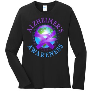 Alzheimer's Awareness Support Ribbon Hugging The World Ladies Long Sleeve Shirt