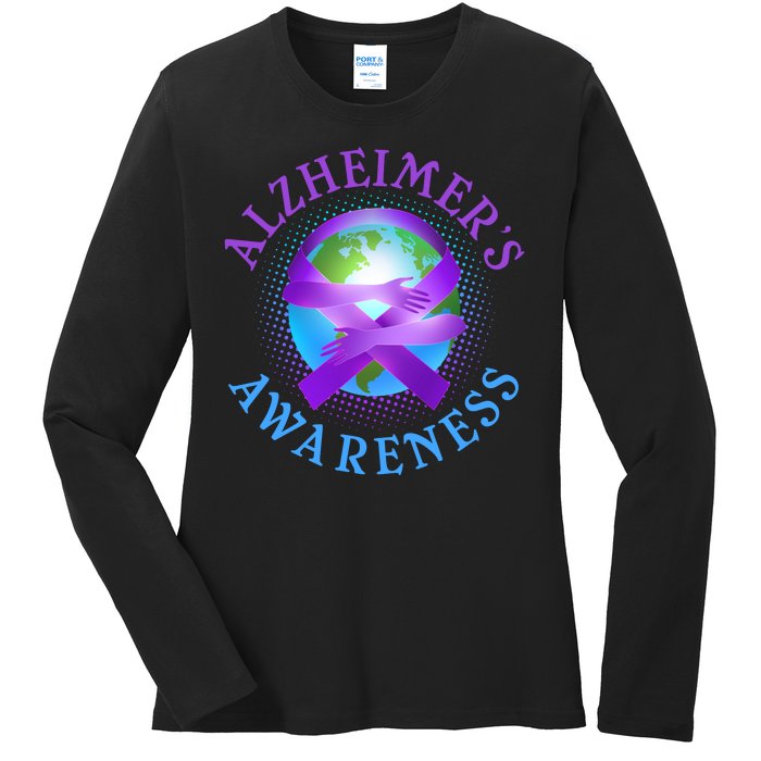 Alzheimer's Awareness Support Ribbon Hugging The World Ladies Long Sleeve Shirt