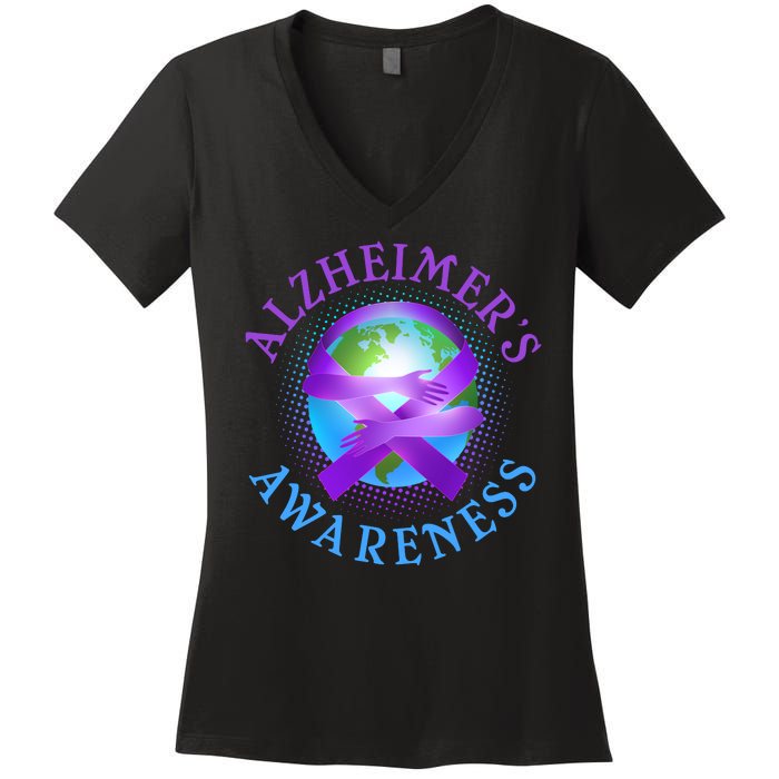 Alzheimer's Awareness Support Ribbon Hugging The World Women's V-Neck T-Shirt