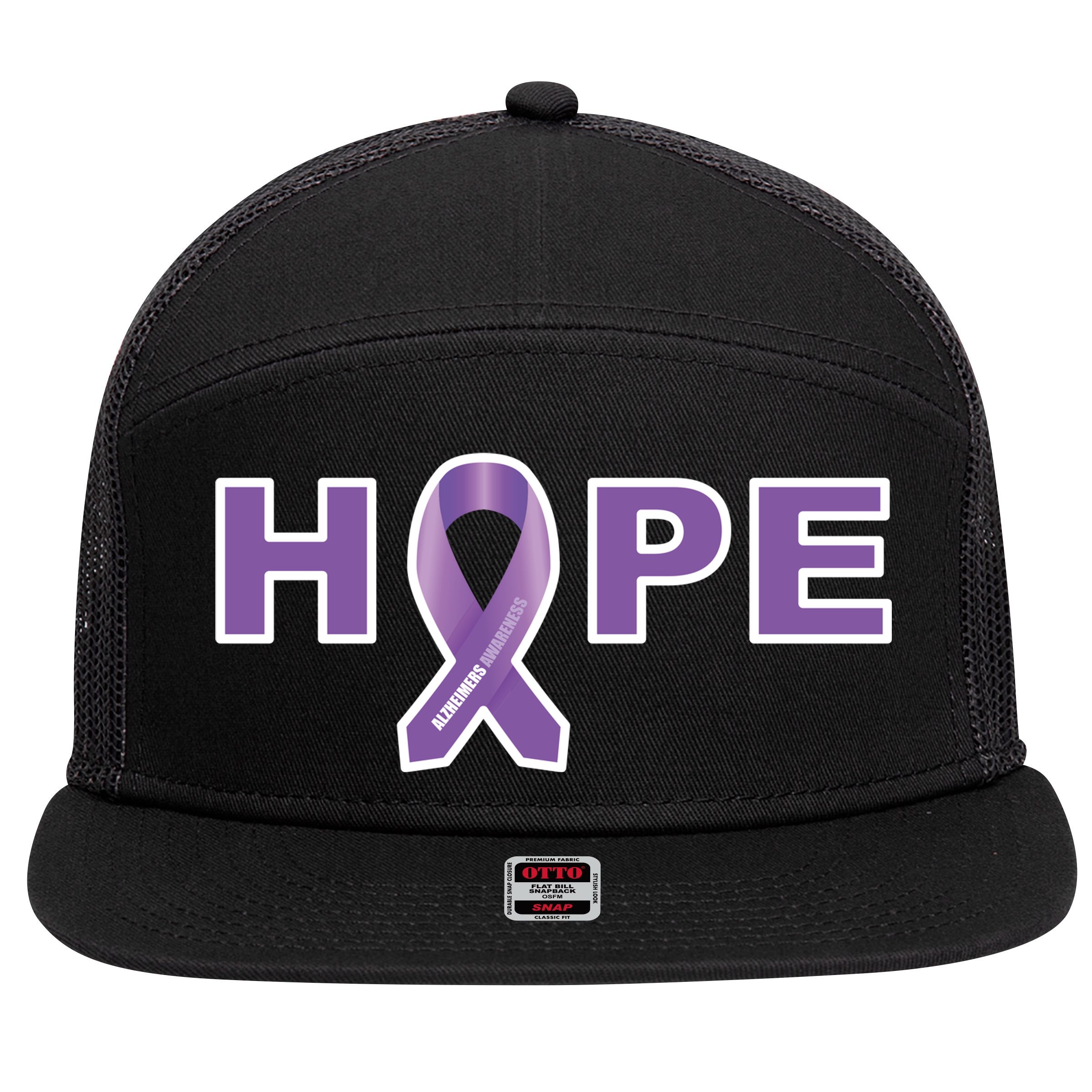 Alzheimer's Disase Awareness Ribbon 7 Panel Mesh Trucker Snapback Hat