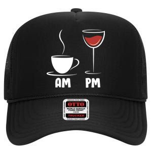 AM Coffee PM Wine High Crown Mesh Back Trucker Hat