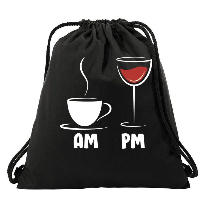 AM Coffee PM Wine Drawstring Bag