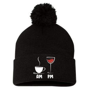 AM Coffee PM Wine Pom Pom 12in Knit Beanie