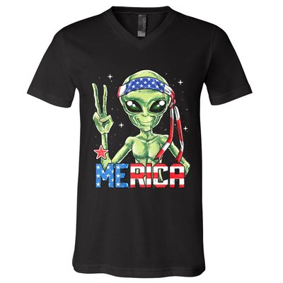 Alien Merica 4th Of July American Flag V-Neck T-Shirt
