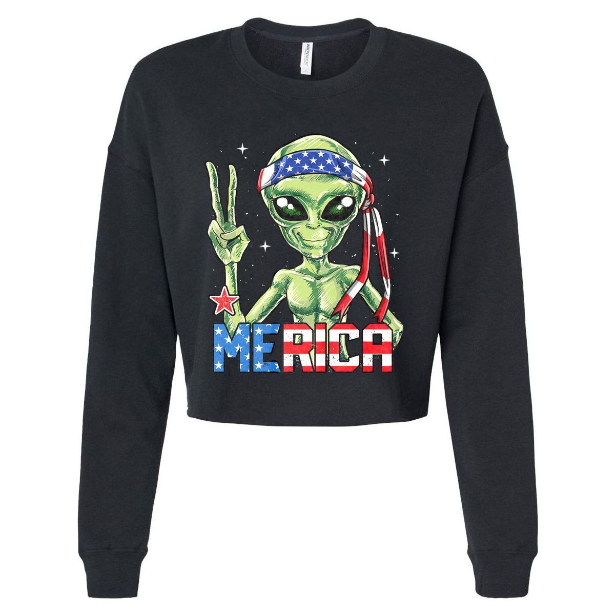 Alien Merica 4th Of July American Flag Cropped Pullover Crew