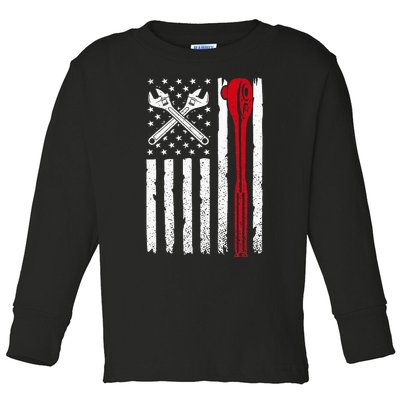 Auto Mechanic American Flag USA Funny Repairman Patriotic Toddler Long Sleeve Shirt