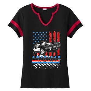 American Muscle American USA Flag Muscle Car Fan Ladies Halftime Notch Neck Tee