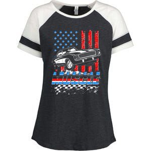 American Muscle American USA Flag Muscle Car Fan Enza Ladies Jersey Colorblock Tee