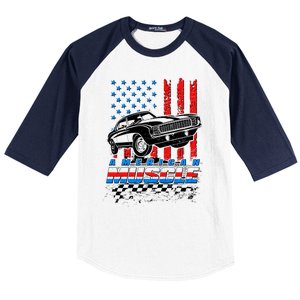 American Muscle American USA Flag Muscle Car Fan Baseball Sleeve Shirt