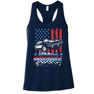 American Muscle American USA Flag Muscle Car Fan Women's Racerback Tank