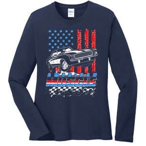 American Muscle American USA Flag Muscle Car Fan Ladies Long Sleeve Shirt