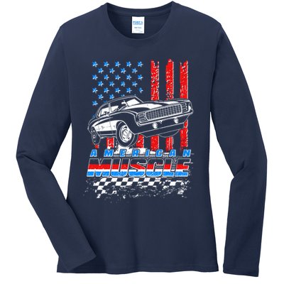 American Muscle American USA Flag Muscle Car Fan Ladies Long Sleeve Shirt