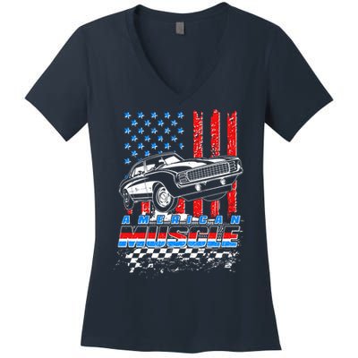American Muscle American USA Flag Muscle Car Fan Women's V-Neck T-Shirt