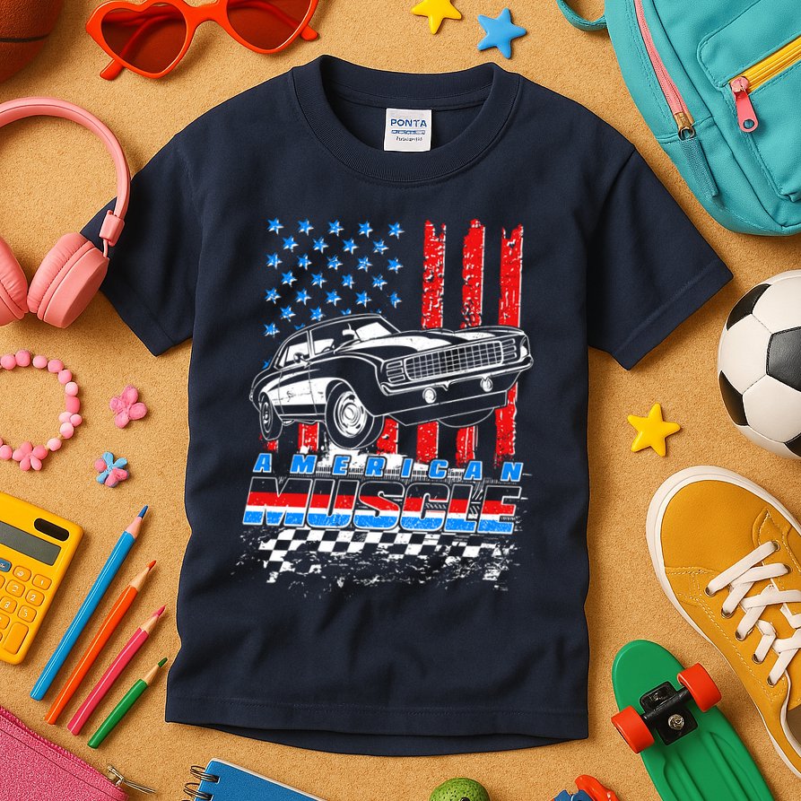 American Muscle American USA Flag Muscle Car Fan Kids T-Shirt