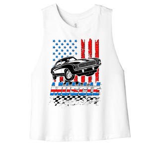 American Muscle American USA Flag Muscle Car Fan Women's Racerback Cropped Tank