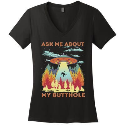 Ask Me About My Butthole Funny Alien Abduction Women's V-Neck T-Shirt