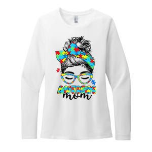 Autism Mom Awareness Messy Bun Puzzle Womens CVC Long Sleeve Shirt