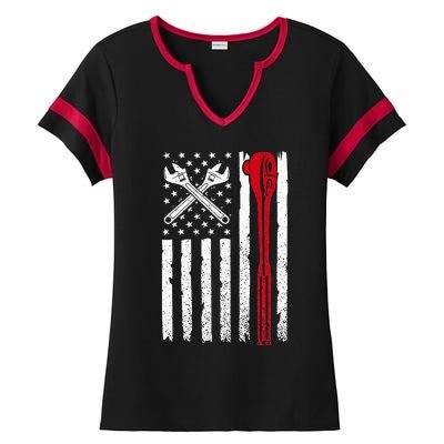 Auto Mechanic American Flag USA Ladies Halftime Notch Neck Tee