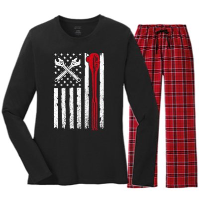 Auto Mechanic American Flag USA Women's Long Sleeve Flannel Pajama Set 