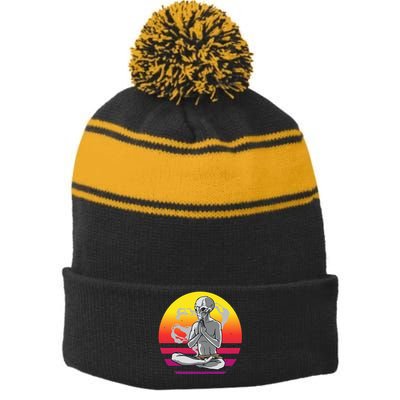 Alien Meditating Alien Yoga Meditationn Namaste Yoga Zen Ufo Stripe Pom Pom Beanie