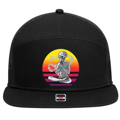 Alien Meditating Alien Yoga Meditationn Namaste Yoga Zen Ufo 7 Panel Mesh Trucker Snapback Hat