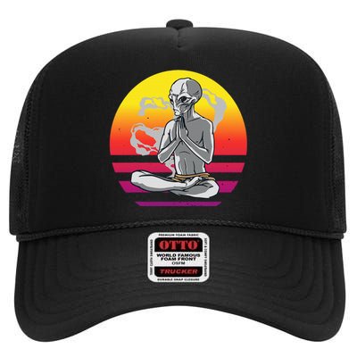 Alien Meditating Alien Yoga Meditationn Namaste Yoga Zen Ufo High Crown Mesh Back Trucker Hat