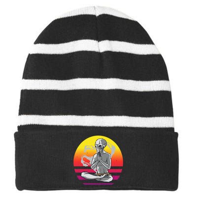 Alien Meditating Alien Yoga Meditationn Namaste Yoga Zen Ufo Striped Beanie with Solid Band