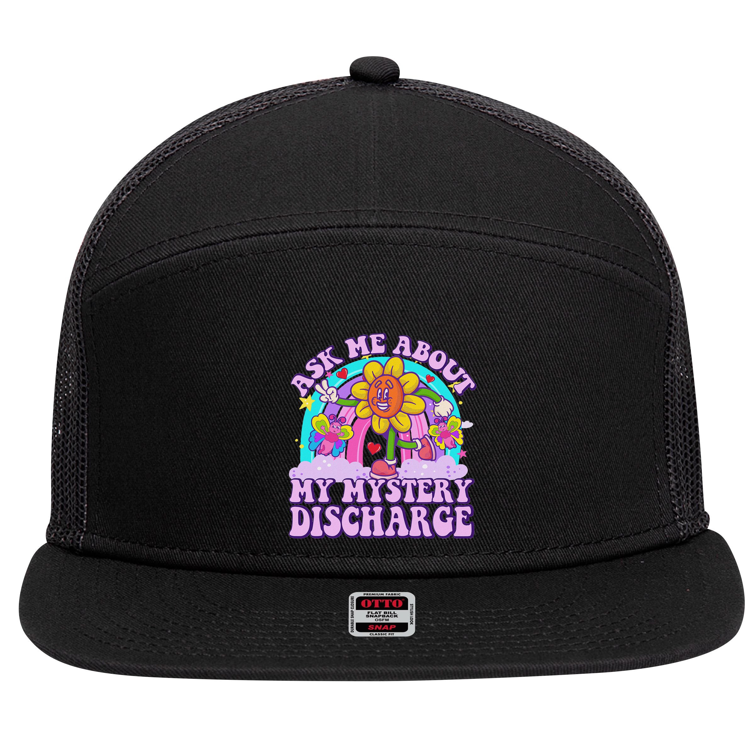 Ask Me About Mystery Discharge 7 Panel Mesh Trucker Snapback Hat