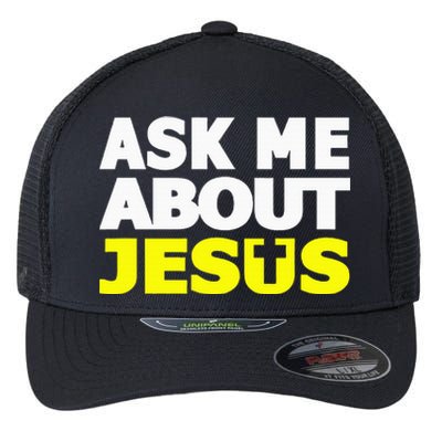 Ask Me About Jesus Religious Christian Gift Flexfit Unipanel Trucker Cap