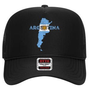 Argentinian Map and Flag Souvenir - Distressed Argentina High Crown Mesh Back Trucker Hat