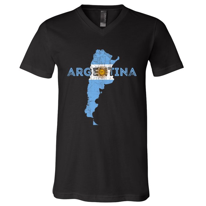 Argentinian Map and Flag Souvenir - Distressed Argentina V-Neck T-Shirt