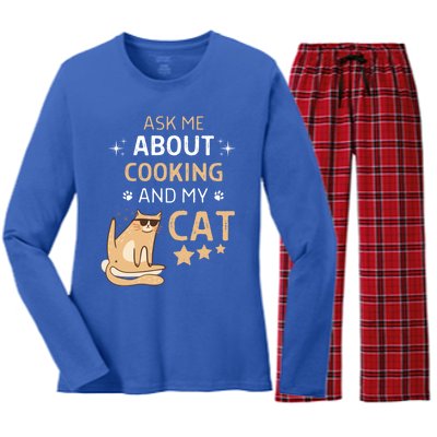 Ask Me About Cooking And My Cat Funny Cats Lover Gift Women's Long Sleeve Flannel Pajama Set 