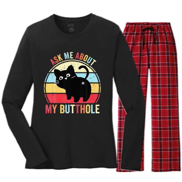 Ask Me About My Butthole Funny Cat Butt Women's Long Sleeve Flannel Pajama Set 