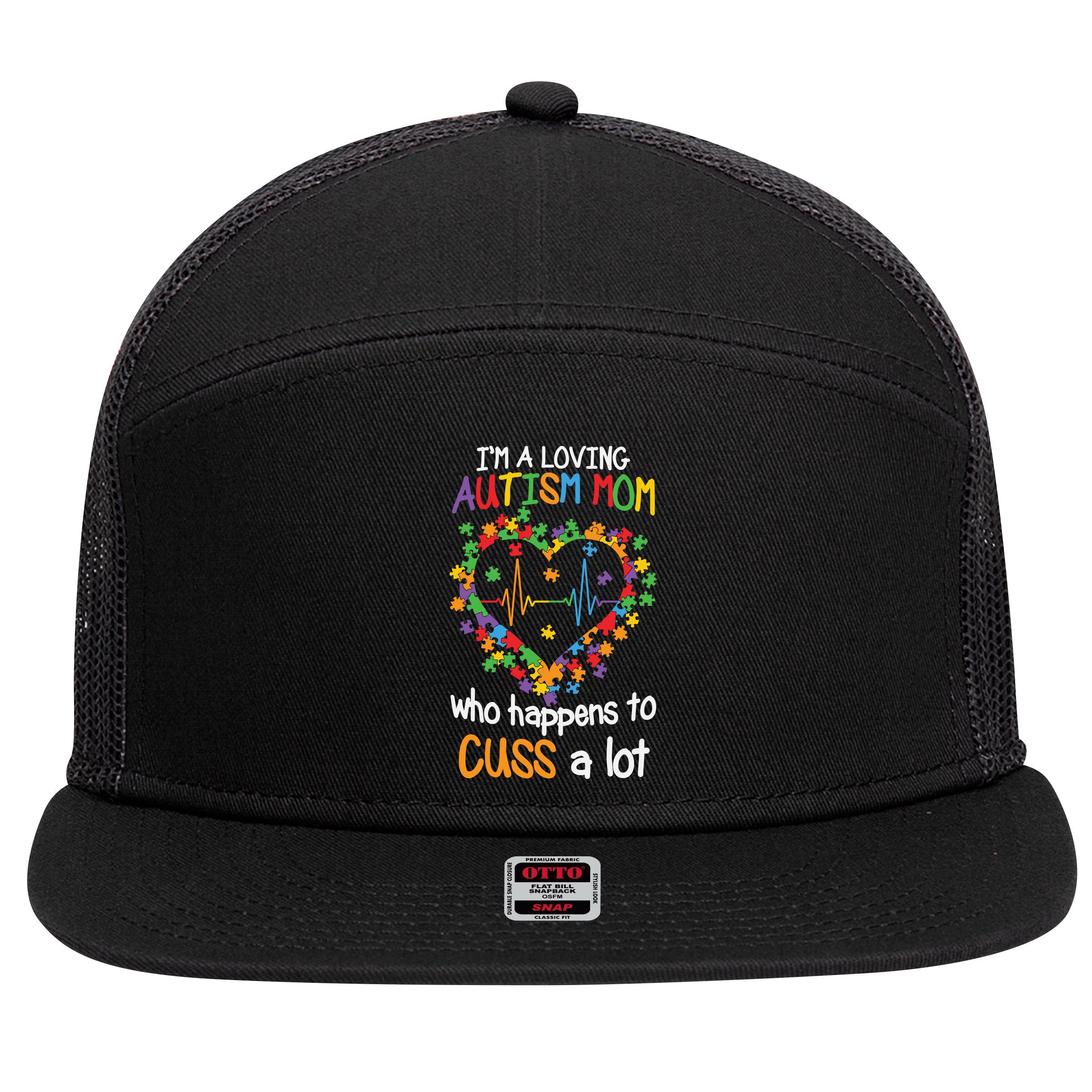 Autism Mom Autism Heart, Autism Puzzle 7 Panel Mesh Trucker Snapback Hat