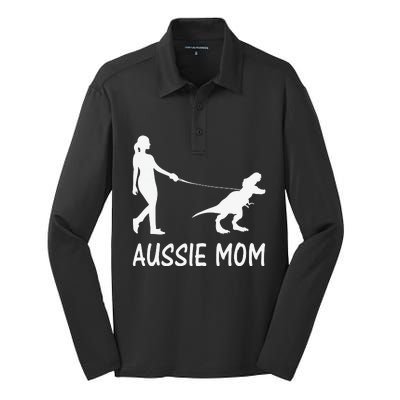 Aussie Mom Australian Shepherd Dog Dinosaur  Mother Silk Touch Performance Long Sleeve Polo