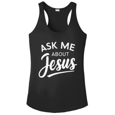 Ask Me About Jesus Religious Christian Ladies PosiCharge Competitor Racerback Tank