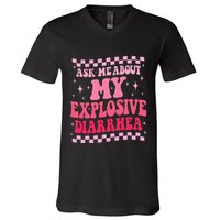 Ask Me About My Explosive Diarrhea Funny Poop Meme Groovy V-Neck T-Shirt