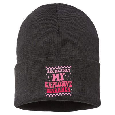 Ask Me About My Explosive Diarrhea Funny Poop Meme Groovy Sustainable Knit Beanie
