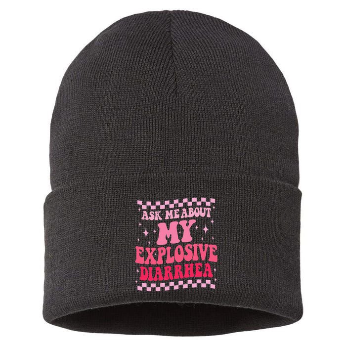 Ask Me About My Explosive Diarrhea Funny Poop Meme Groovy Sustainable Knit Beanie