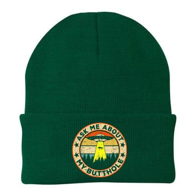 Ask Me About My Butthole Funny Ufo Alien Abduction Vintage Knit Cap Winter Beanie