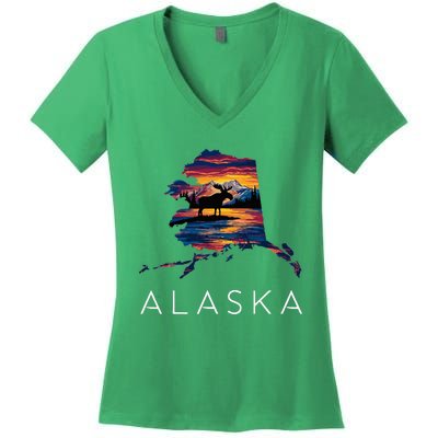 Alaskan Moose Animal Alaska Map Women's V-Neck T-Shirt